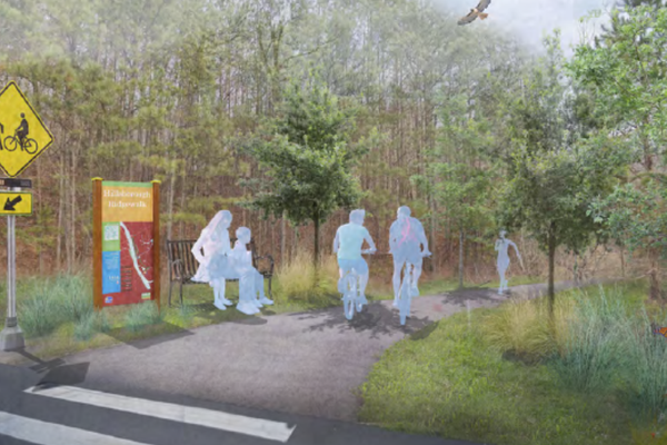 Concept of pedestrians and cyclists on future greenway